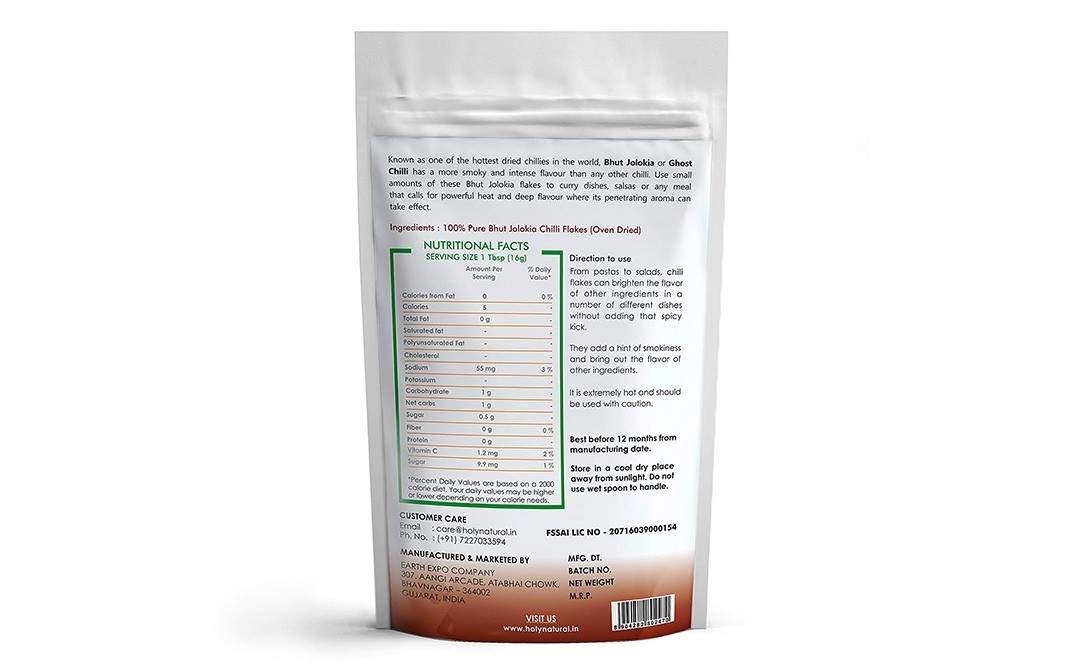Holy Natural Bhut Jolokia Flakes Oven Dried   Pack  100 grams